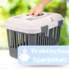 A hand is holding a pet carrier with a promotional overlay at the bottom. Produktbild-Vorschau