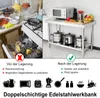 A comparison image showing a messy kitchen counter and dishwasher before storage, contrasted with a tidy stainless steel workbench after storage. Voir les images du produit