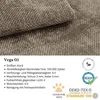 A close-up of textured fabric with product specifications and certifications below. Produktbild-Vorschau