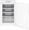 A white freezer with its door open, showing four clear drawers inside. The top of the freezer has a digital display. Produktbild-Vorschau