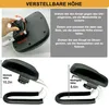 An image demonstrating how to adjust the height of a product, with accompanying text instructions and visual aids showing the highest and lowest height settings. Produktbild-Vorschau