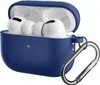 A blue silicone case for Apple AirPods Pro 2, with the AirPods inside, and a silver carabiner attached. Produktbild-Vorschau