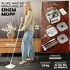 A woman is holding a mop, with product dimensions and features displayed in text and graphics. Produktbild-Vorschau