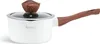A white saucepan with a wooden handle and lid knob is shown against a white background. Produktbild-Vorschau