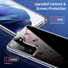 A close-up marketing image showing a clear phone case with a floral pattern on the back, and a close-up of the phone's screen and camera area, highlighting protective features. Produktbild-Vorschau