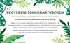 Marketing image with tropical leaves framing text about recycled toner cartridges. Produktbild-Vorschau