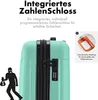 Close-up of a mint green suitcase with a built-in combination lock, accompanied by marketing text and an illustration of a thief. Produktbild-Vorschau