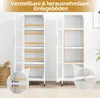 Two white metal cabinets are shown, one with its doors open to reveal adjustable shelves, and the other with its doors open to show a few shelves. Close-up insets highlight shelf adjustment details. Podgląd zdjęcia produktu