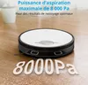 A robot vacuum cleaner is shown on a wooden floor with text and large numbers indicating its suction power. Produktbild-Vorschau