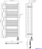 Technical drawing of a heated towel rail with dimensions and installation details. Voir les images du produit