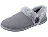 A single gray slipper with faux fur trim and a button detail, shown on a white background. Produktbild-Vorschau