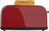 A red toaster with a slice of toast in it, shown from the front. Produktbild-Vorschau