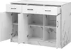 A white sideboard with a marble-like pattern, featuring three drawers and two cabinet doors that are open, revealing shelves inside. Voir les images du produit