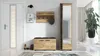 A hallway with a white door, a coat rack, a shoe cabinet with a bench, and a tall wardrobe with a mirror. Produktbild-Vorschau