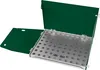 An open green metal box with a perforated metal tray inside, shown against a white background. Produktbild-Vorschau