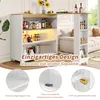 A white bar cabinet with a wooden top, displaying bottles and decorative items. It is shown in a living room setting with a sofa in the background. Three circular insets highlight product features. Anteprima dell’immagine prodotto