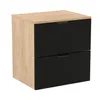A product shot of a two-drawer nightstand with a wood-tone exterior and black, ribbed drawer fronts. Náhled obrázku produktu
