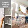 A collage of images showing a step stool, cleaning a window, and handling glassware. Produktbild-Vorschau