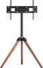 A black TV stand with wooden tripod legs against a white background. Náhled obrázku produktu
