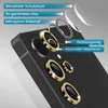 A close-up, angled view of a smartphone's camera lens area, showcasing protective lens covers with decorative gold and gemstone rings. An exploded view diagram illustrates the layers of the lens protector. Produktbild-Vorschau