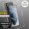 A clear phone case is shown on a grey background, with text overlays highlighting its features. Produktbild-Vorschau