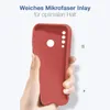 A hand holding a red phone case with text overlay describing its features. Produktbild-Vorschau
