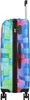 A side view of a colorful, patterned suitcase with a retractable handle and wheels. Produktbild-Vorschau