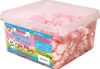 A large clear plastic tub filled with pink and white mushroom-shaped gummy candies. Produktbild-Vorschau