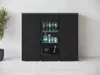A black cabinet with glass doors and shelves displaying glassware and bottles, illuminated by blue LED lights. Voir les images du produit