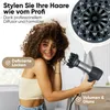A woman with curly hair is holding a hair dryer with a diffuser attachment, smiling. Text overlays describe hair styling features. Anteprima dell’immagine prodotto