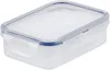 A clear, professional studio shot of a transparent food storage container with a blue lid. Voir les images du produit