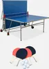 A blue outdoor table tennis table is shown folded up, with four paddles and six balls arranged in front of it. Anteprima dell’immagine prodotto