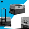 Collage of a portable cooler/freezer from multiple angles, set against a blue and white background. Produktbild-Vorschau