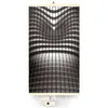 A vertical infrared heating panel with an abstract motif, suspended against a white background. The panel has a wooden frame at the top and bottom, and electrical cords with a switch and plug are visible at the bottom. Produktbild-Vorschau