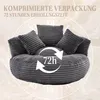 A dark gray bean bag chair with multiple pillows, set against a light beige and white background with clock face elements. Produktbild-Vorschau