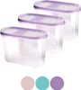 Three clear plastic storage containers with purple lids are arranged diagonally on a white background. Below the containers are three colored circles: pink, teal, and purple. Anteprima dell’immagine prodotto