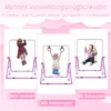 A collage of three images showing children using a gymnastics bar in different configurations: hanging, using rings, and on a swing. The background is pink and white with cloud-like shapes. Voir les images du produit