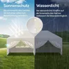 A tent is shown divided into two halves, one representing sun protection and the other representing waterproofing. Produktbild-Vorschau
