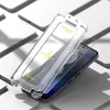 A clear plastic application tool is shown over a smartphone screen protector, with other phones in the background. Produktbild-Vorschau