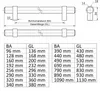 A technical drawing and size chart for cabinet handles. Produktbild-Vorschau