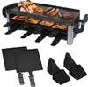 A raclette grill with food on top and raclette pans underneath. Additional raclette pans are shown below. Produktbild-Vorschau