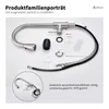 A collection of kitchen faucet parts and accessories laid out on a white background, with text describing the product. Produktbild-Vorschau