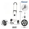 A diagram showing a shopping trolley with dimensions and a person riding a bicycle with a trolley. Podgląd zdjęcia produktu