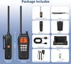 A collage of images showing a two-way radio and its accessories, with dimensions indicated. Náhled obrázku produktu