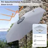A gray patio umbrella is shown outdoors, with a stone wall and body of water in the background. Orange arrows indicate protection from the sun. Produktbild-Vorschau