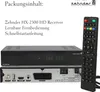 A Zehnder HX-2300 HD Receiver and its remote control are shown against a white background, with text listing the package contents. Produktbild-Vorschau