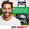 A man smiling next to a lawnmower with a promotional text overlay. Produktbild-Vorschau