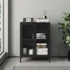 A black sideboard with fluted glass doors is shown in a room with a gray wall and a plant. Podgląd zdjęcia produktu