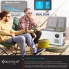 Two men sitting in camping chairs, holding beer bottles, with a portable cooler in the background. Produktbild-Vorschau