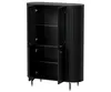 A black cabinet with its doors open, showing shelves inside, against a white background. Produktbild-Vorschau